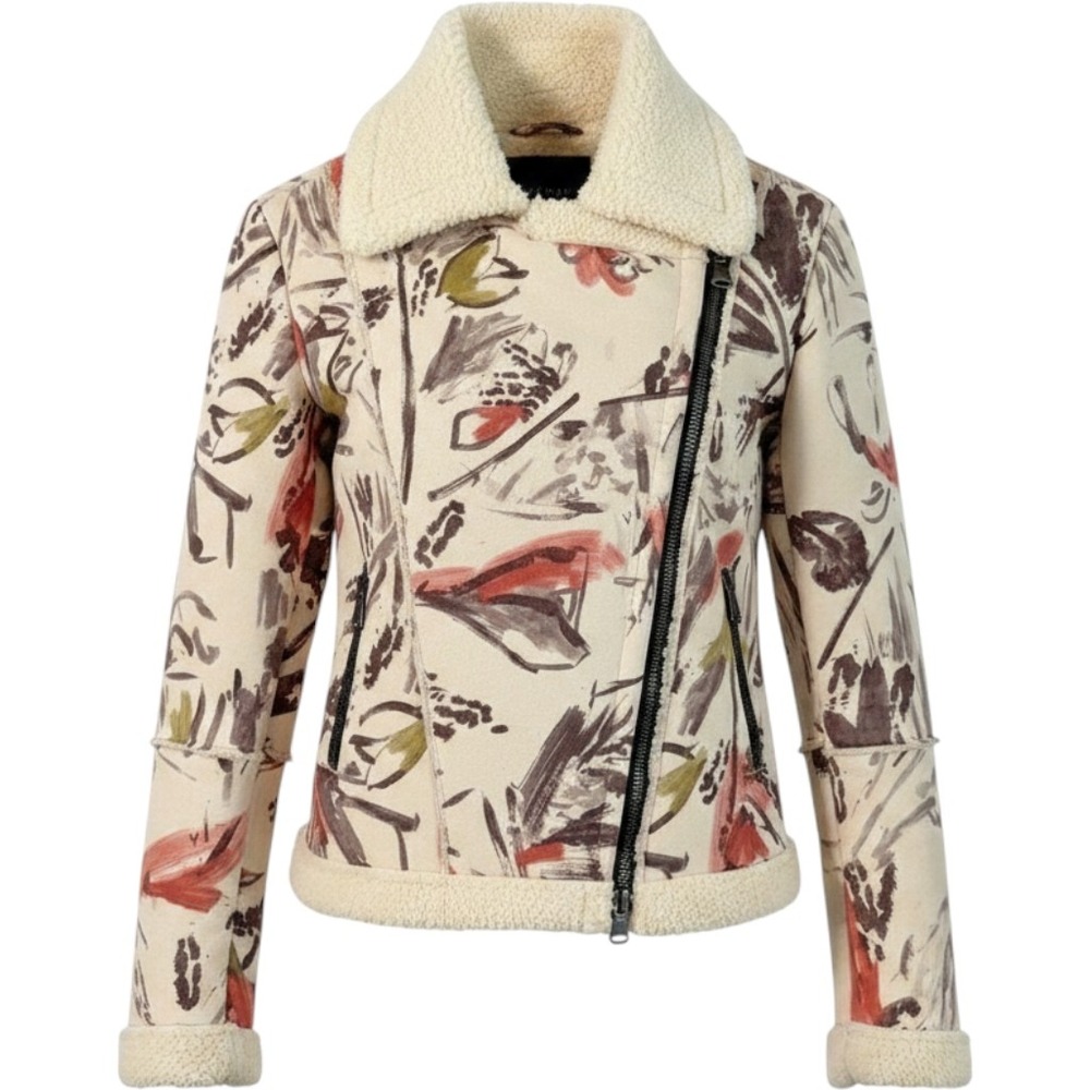 ZARA‎ BASIC AW17 Faux Suede Shearling Abstract Print Moto Biker Jacket S NWOT